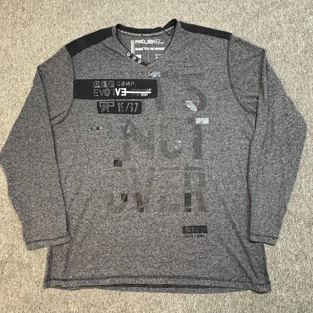PROJEK Raw Mens Graphic Long Sleeve Henley Shirt TG XL It's Not Over LTD Gray